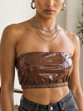 Good American Faux Leather Dark Chocolate Bandeau Top  Size XL